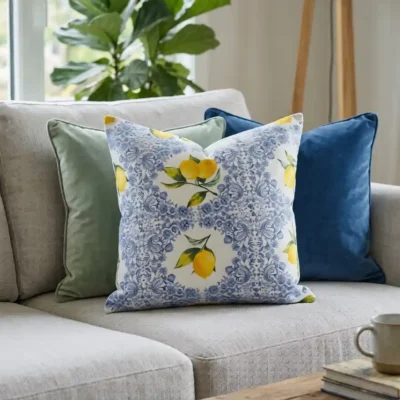 fundas de cojin limon mediterraneo azul